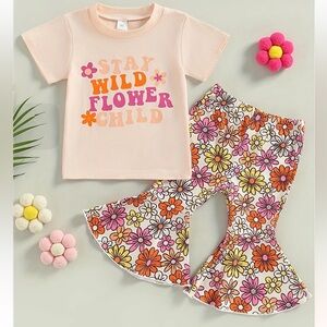 Stay Wild Flower Child” T-Shirt and Floral Bell-Bottoms Set